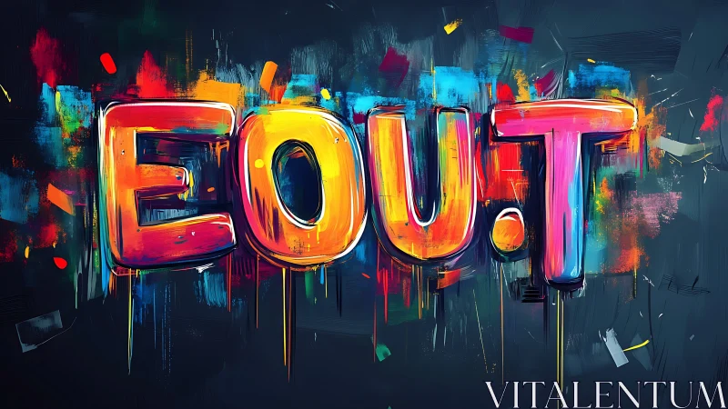 Vibrant EO.U.T graffiti text over dark painted wall.