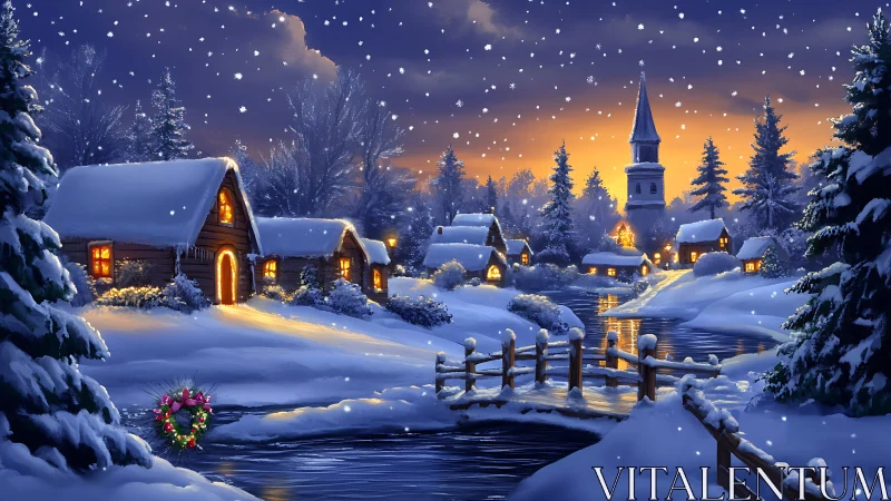 Snow-laden village at dusk rendered in luminous digital painting