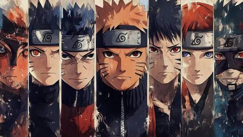 Multiple anime ninjas aligned in vertical portrait strips