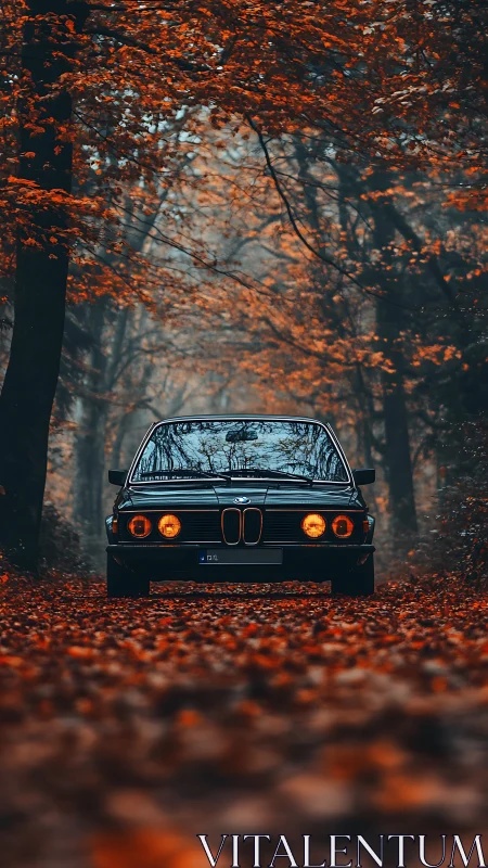 Vintage BMW sedan with warm headlights in foggy autumn forest road