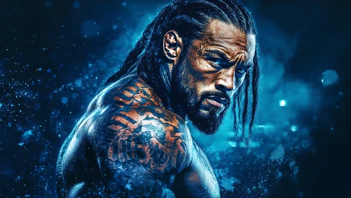 Tattooed warrior portrait in electric blue cinematic lighting.