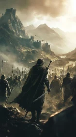 Medieval warlord leading army toward misty mountain fortress.