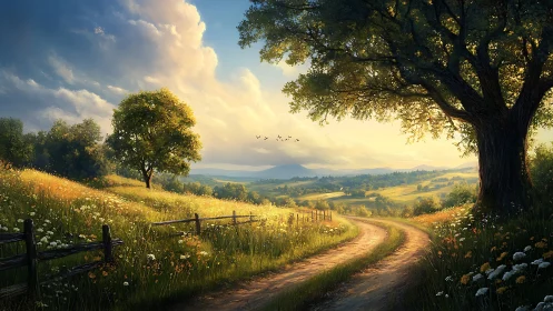 Sunlit country lane winding through peaceful golden meadows.