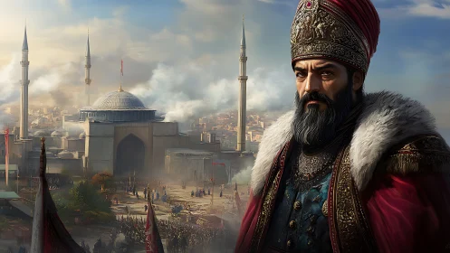 Ottoman ruler in ornate regalia dominates historic cityscape
