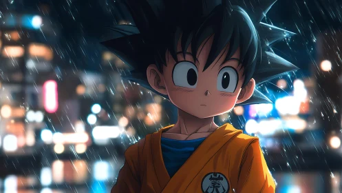 Anime boy in orange gi standing in rainy city at night.