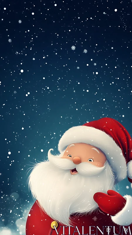 Cheerful Santa waves warmly in a softly falling snowy night