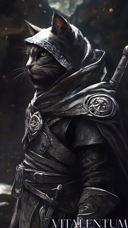 Hooded feline warrior stands in profile wearing worn armor