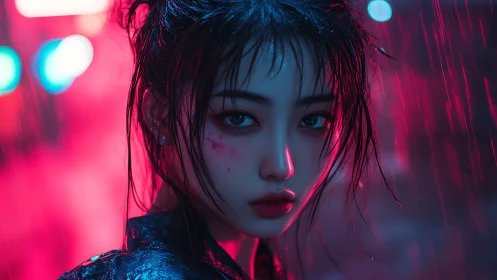 Rain-soaked woman stares through neon night downpour