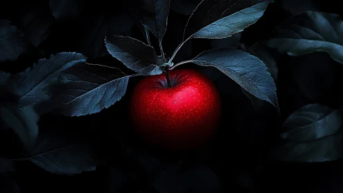 Red apple illuminated against dark blue-toned foliage background
