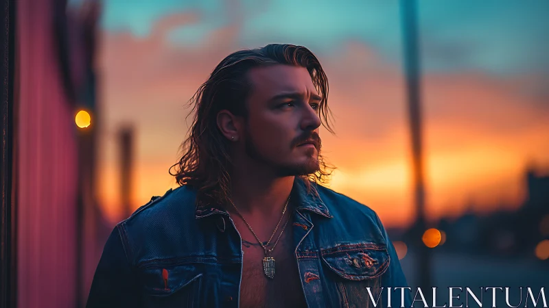 Sunset city portrait captures a pensive man in denim.