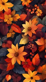 Layered botanical composition with overlapping orange and red flowers