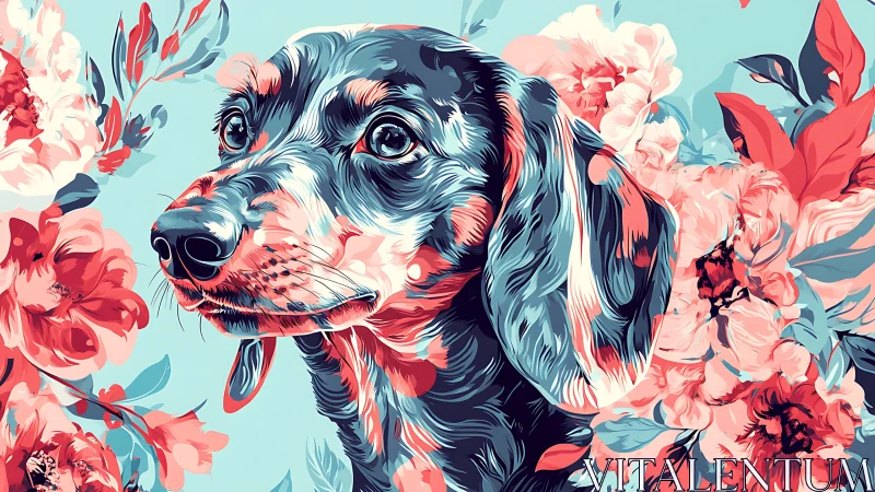 Digital painting dachshund portrait in floral field palette.