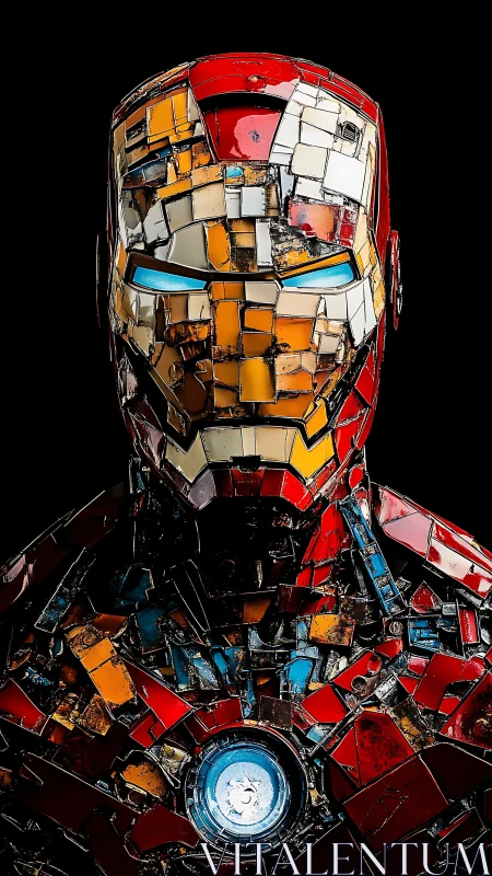 Mosaic style armored helmet with glowing blue core.