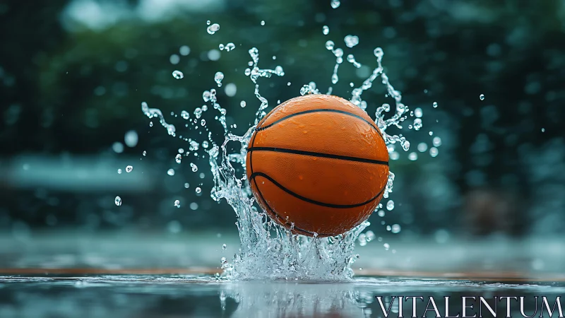 Rain-slicked basketball erupts through silver splashes of motion.