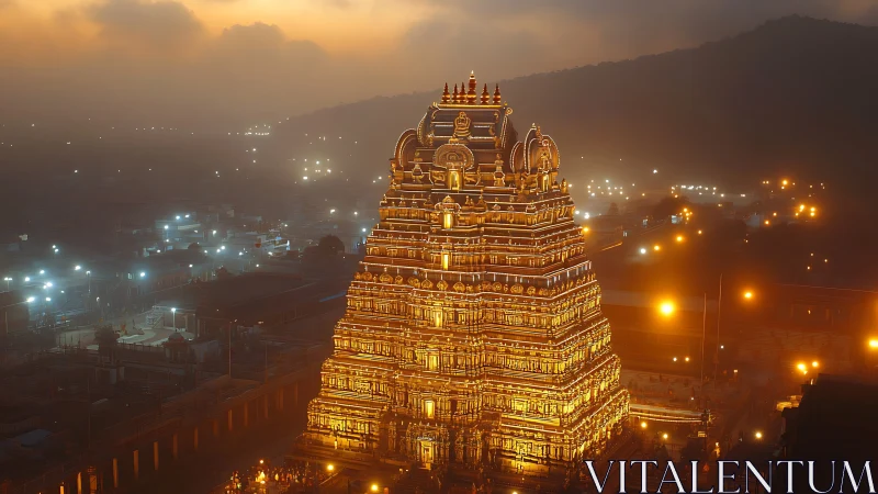Golden South Indian temple gopuram glows in misty dusk