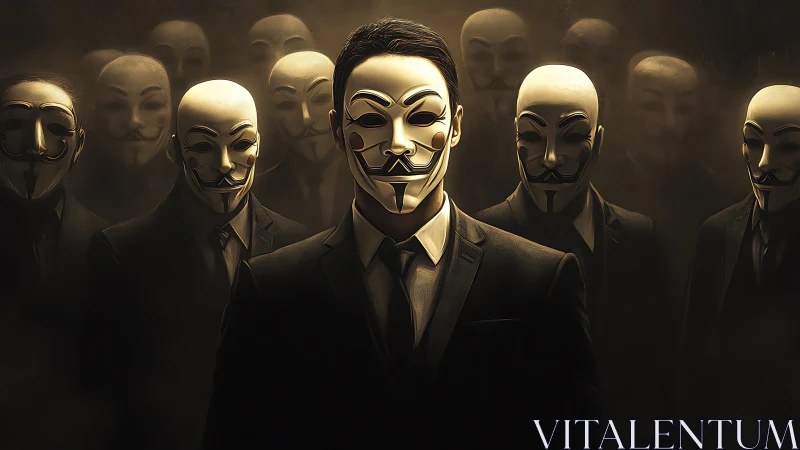 Suited masked collective in cinematic low key chiaroscuro.