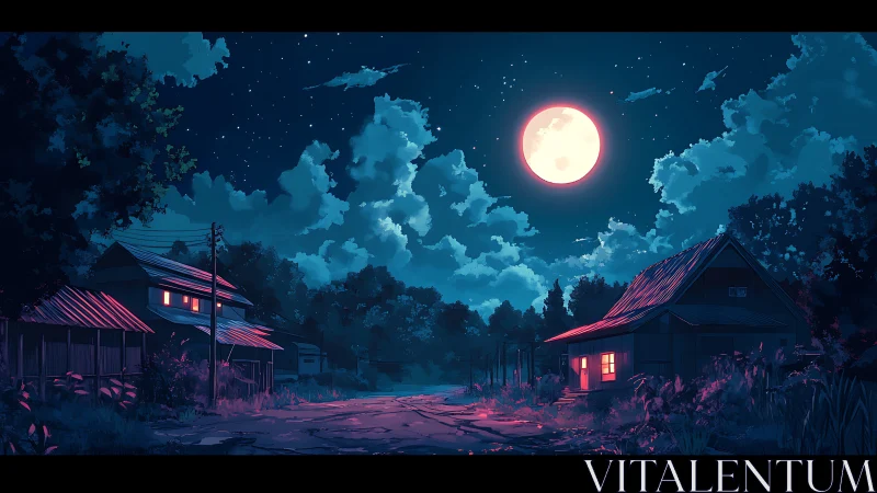 Full moon illuminates rural road between modest wooden houses