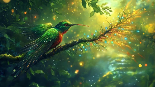 Vibrant hummingbird on glowing branch, fantasy digital art style.