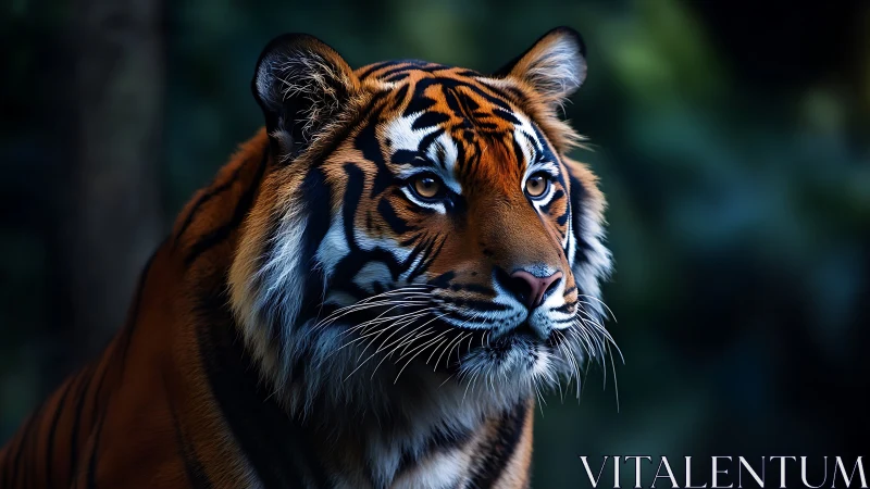Tiger portrait renders hyperreal fur detail under low forest light