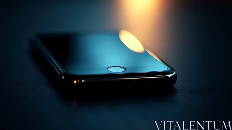 Black smartphone with illuminated display in atmospheric bokeh lighting.