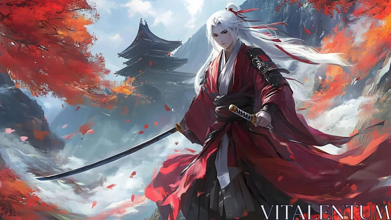 Samurai warrior in crimson kimono dominates autumn ravine