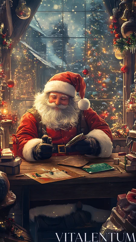 Santa sits at a wooden workbench reviewing holiday letters