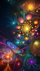 Radially symmetric fractal blooms with multicolor luminous gradients