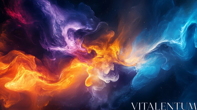 Cosmic nebula clouds collide in swirling fire and ice tones