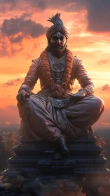 Seated regal statue on pedestal at sunset over cityscape.