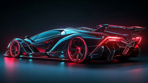 Futuristic neon supercar glowing in bold night lights.