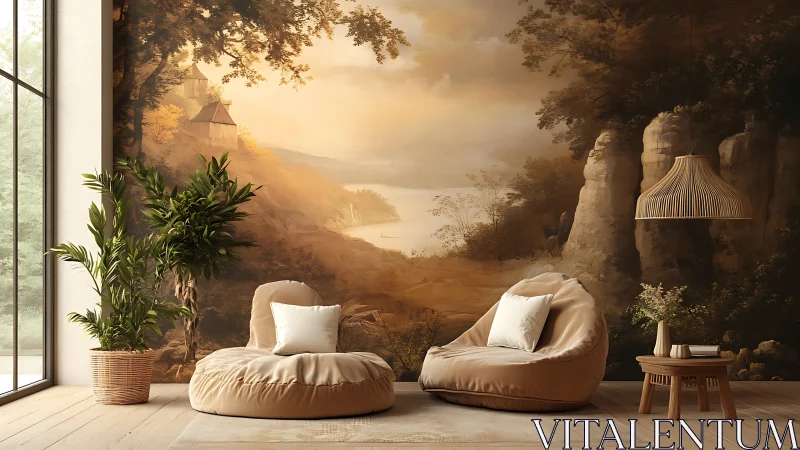 Cozy lounge corner opening onto a dreamy painted landscape.