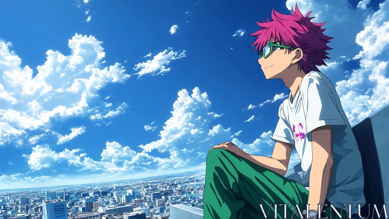 Anime character on rooftop edge above expansive cityscape.