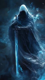 Spectral reaper in swirling cyan mist with enchanted blade.