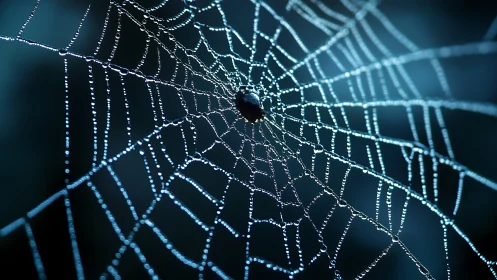 Glistening dewy spiderweb strands in cool blue light.