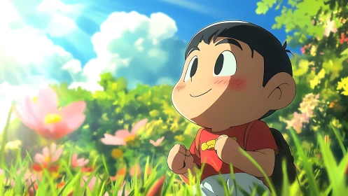 Bright eyed child enjoys a sunny walk through wildflowers