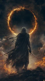 Cloaked warrior studies burning celestial ring in storm