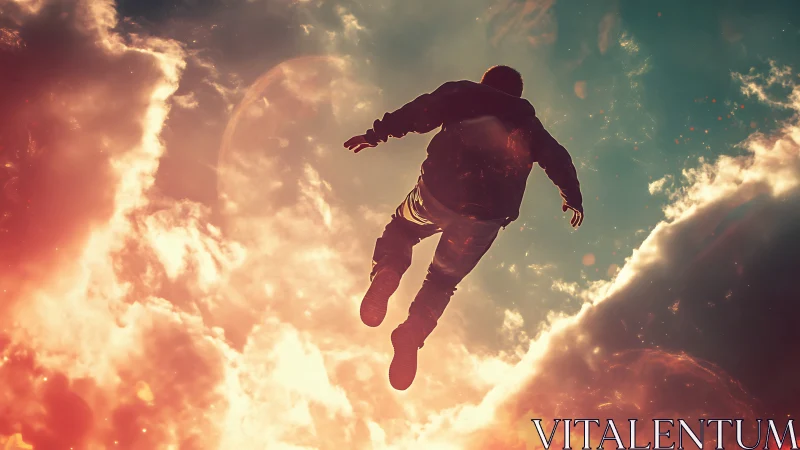 Figure suspended in glowing sky over dramatic clouds.