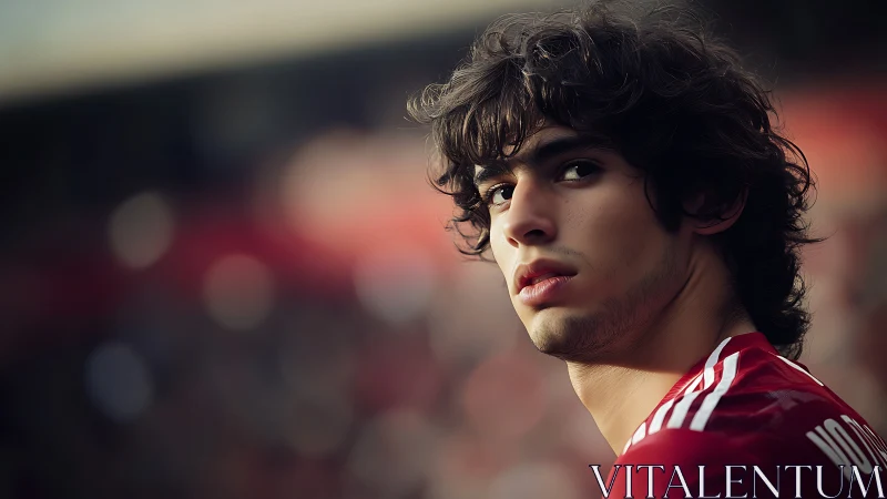 Young soccer player in red jersey looking over shoulder.