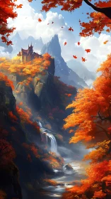 Autumnal cliffside citadel above cascading mountain waterfall
