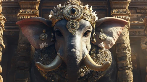 Regal elephant deity stands crowned in ornate golden temple.