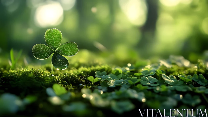 Sunlit clover leaf rises sharply from soft forest moss