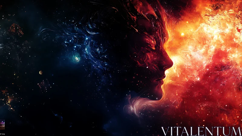 Cosmic fire and void forming human silhouette in profile.