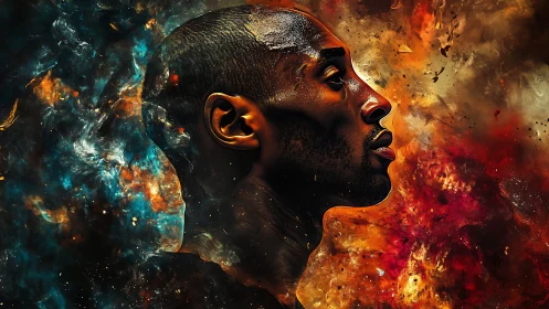 Side profile portrait glowing against swirling cosmic clouds.