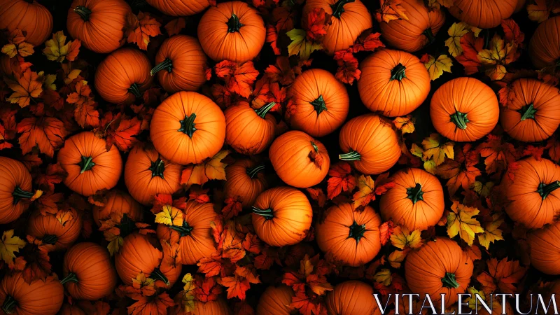 Pumpkins and autumn leaves in dense overhead arrangement.