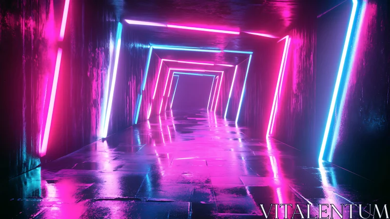 Neon lit asymmetrical tunnel with reflective wet floor surfaces