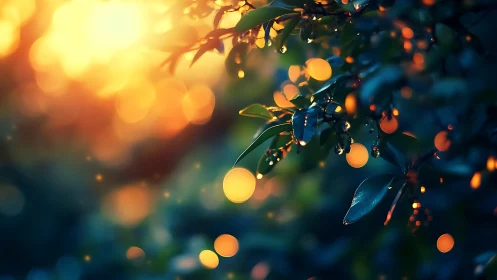 Golden twilight glow dancing through dew-kissed leaves.