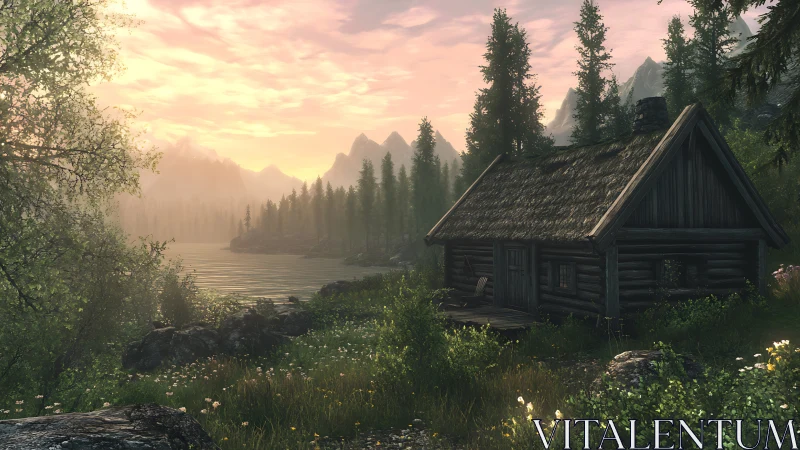 Cozy Woodland Cabin by the Lake at Golden Sunset Hour