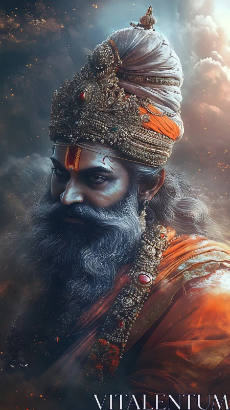 Regal bearded mystic in ornate jeweled crown and robes.