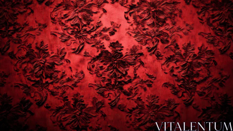 Red fabric surface shows dark floral damask pattern clearly