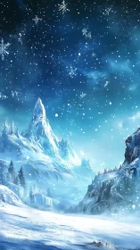 Glacial spires rise beneath a starlit, snow-filled winter sky